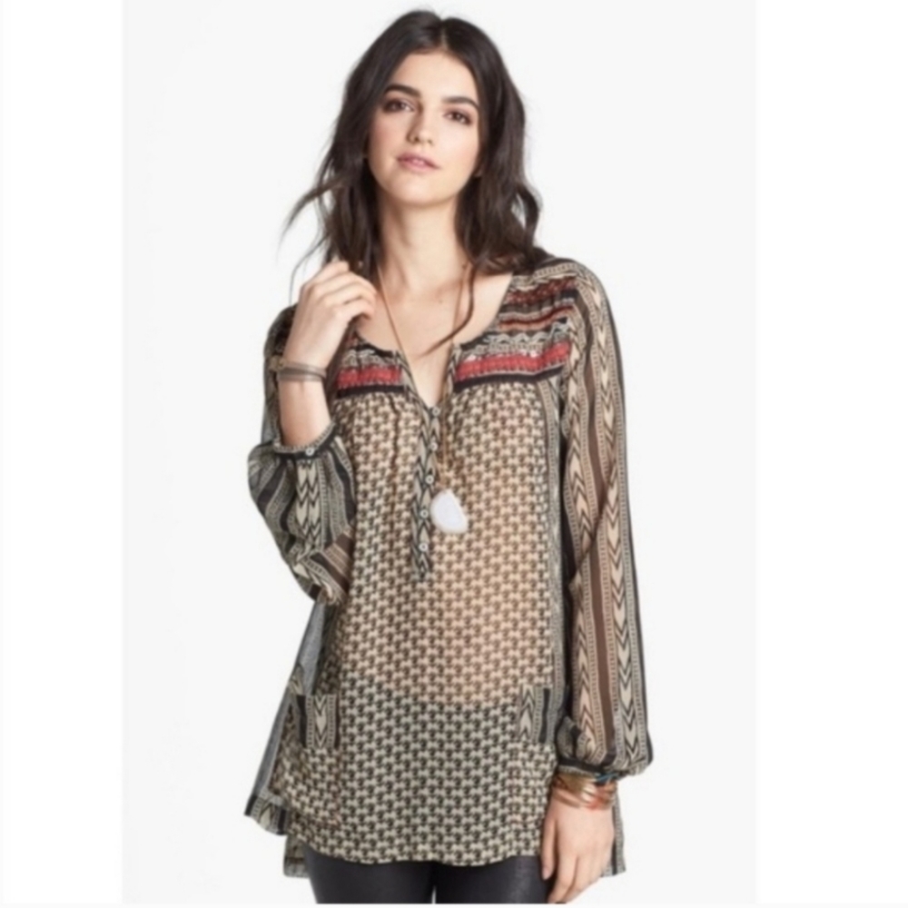 Free People Beaded Embroidered Boho Long Tunic Blouse or Dress Size Small